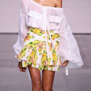 Zimmermann Golden Surfer Tiered Mini Skirt in Yellow Floral Size Small